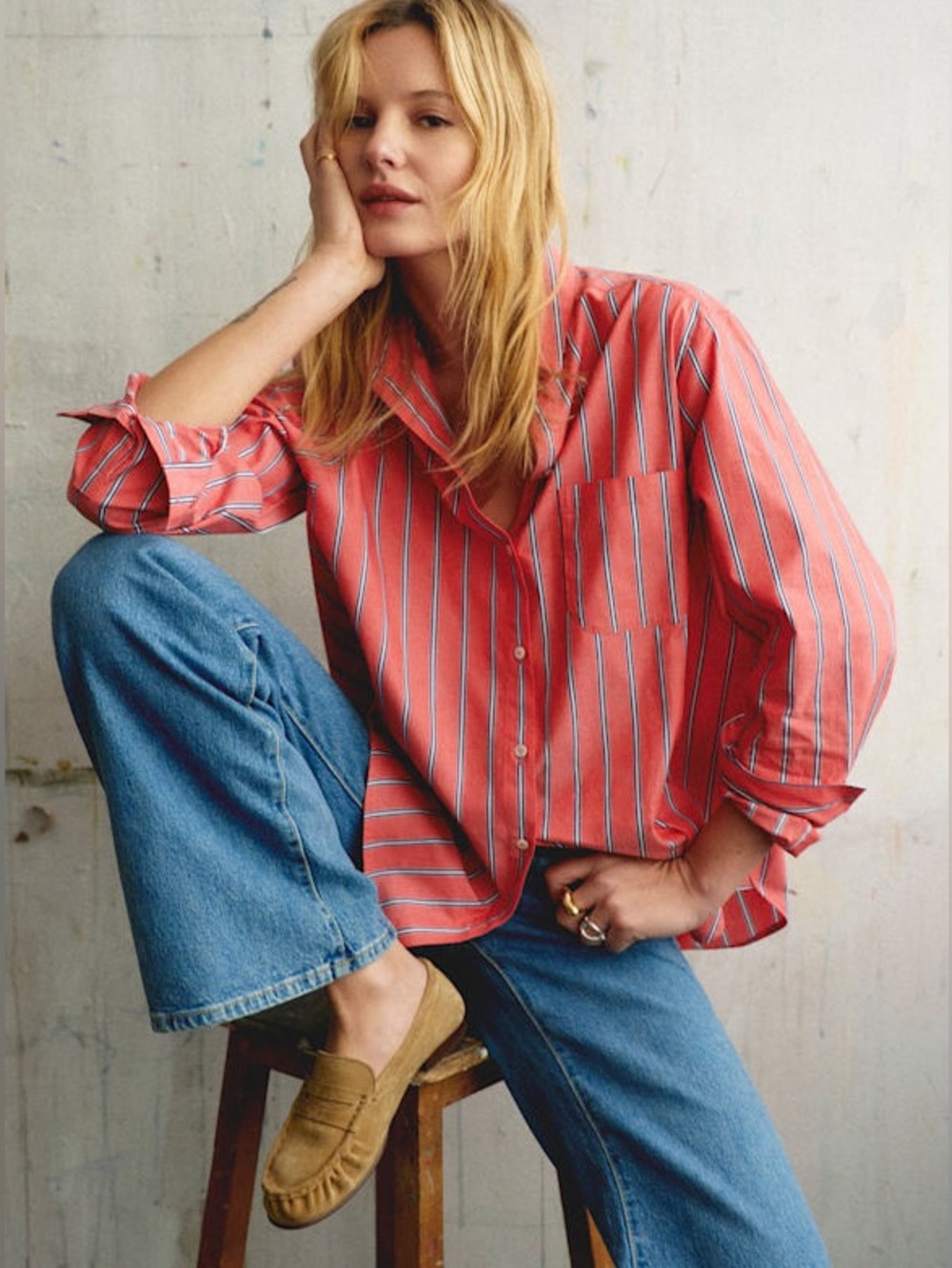 Sézane Max Shirt in Red and Ecru Stripes FR 40 / US 8